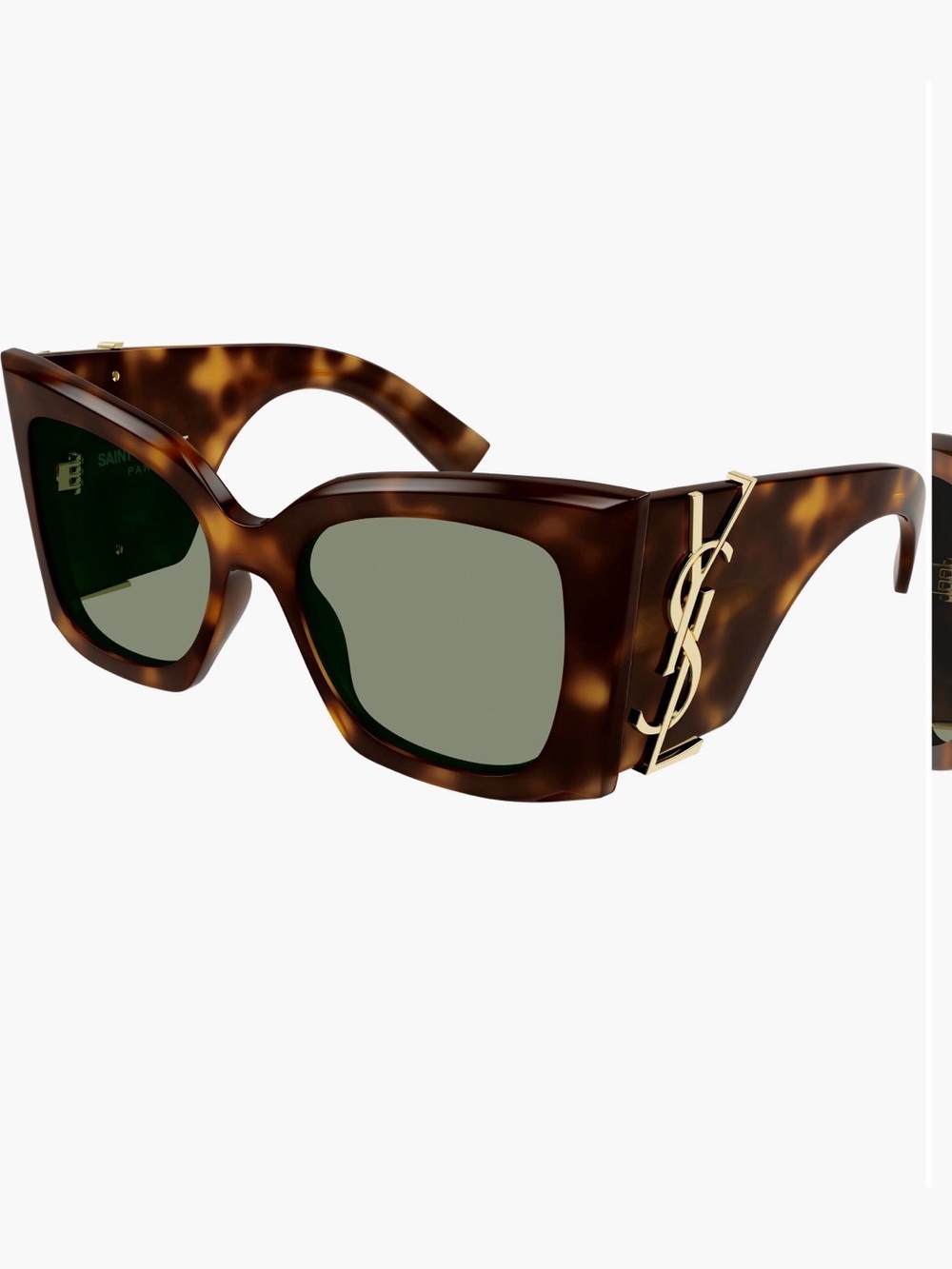 Saint Laurent Tortoise Shell Cat Eye Sunglasses with Gold Logo and Green Lenses